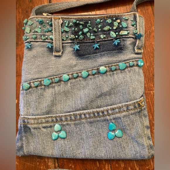 Boho Chic CROSSBODY HANDBAG Upcycled Blue Jean  Turquoise Embellishments NEW! - Picture 2 of 8